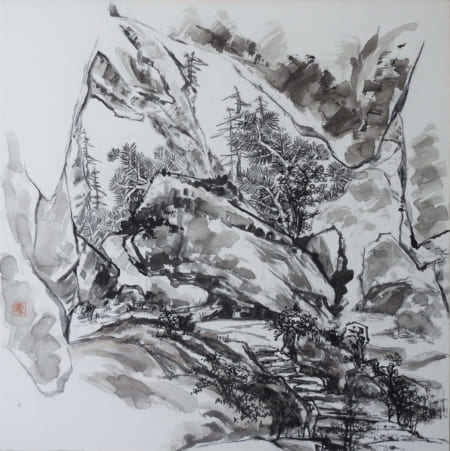 Tranh Thuy Mac Mã Hồng Sơn - Cô Tô Sơn Tức Dụp Động (An Giang) -Tranh Thủy Mặc - 100 cm x 100 cm - 2021